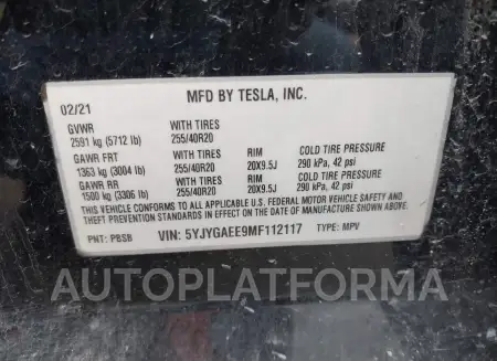 TESLA MODEL Y 2021 vin 5YJYGAEE9MF112117 from auto auction Iaai