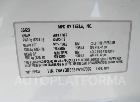 TESLA MODEL Y 2023 vin 7SAYGDEE5PA147002 from auto auction Iaai