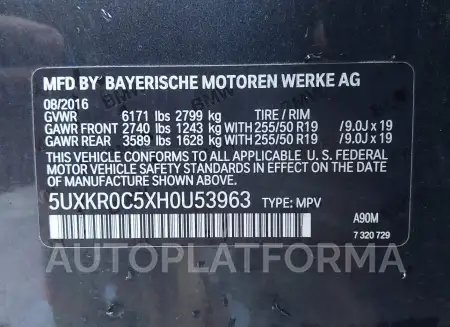 BMW X5 2017 vin 5UXKR0C5XH0U53963 from auto auction Iaai