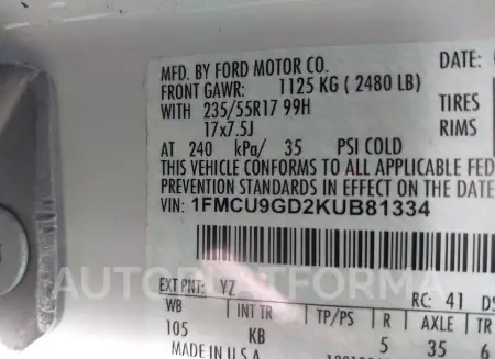 FORD ESCAPE 2019 vin 1FMCU9GD2KUB81334 from auto auction Iaai