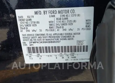 FORD EDGE 2019 vin 2FMPK3K99KBB88357 from auto auction Iaai