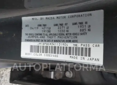 MAZDA MAZDA3 2019 vin JM1BPBDM3K1131904 from auto auction Iaai