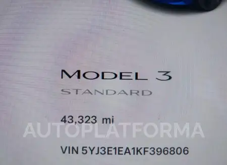 TESLA MODEL 3 2019 vin 5YJ3E1EA1KF396806 from auto auction Iaai