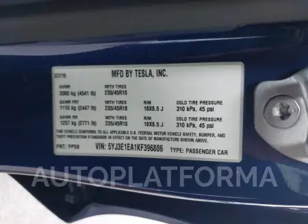 TESLA MODEL 3 2019 vin 5YJ3E1EA1KF396806 from auto auction Iaai