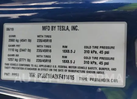 TESLA MODEL 3 2019 vin 5YJ3E1EA2KF411815 from auto auction Iaai