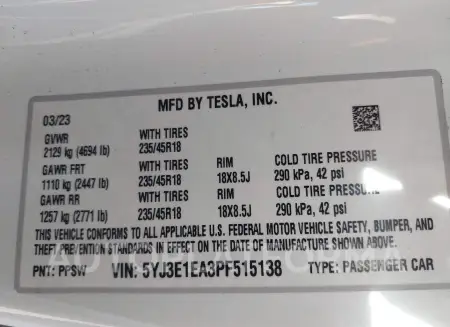 TESLA MODEL 3 2023 vin 5YJ3E1EA3PF515138 from auto auction Iaai