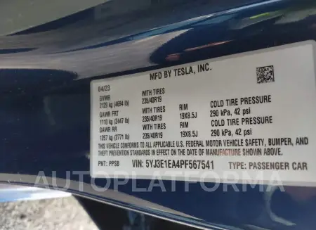 TESLA MODEL 3 2023 vin 5YJ3E1EA4PF567541 from auto auction Iaai