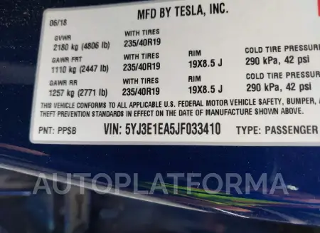 TESLA MODEL 3 2018 vin 5YJ3E1EA5JF033410 from auto auction Iaai