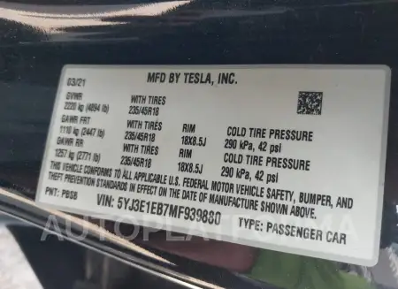 TESLA MODEL 3 2021 vin 5YJ3E1EB7MF939880 from auto auction Iaai