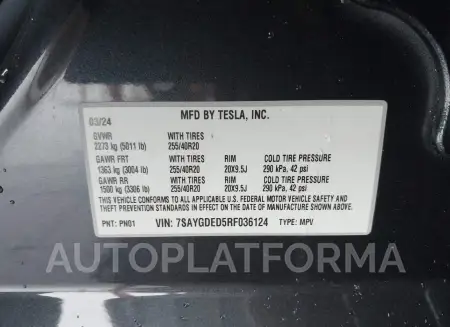 TESLA MODEL Y 2024 vin 7SAYGDED5RF036124 from auto auction Iaai