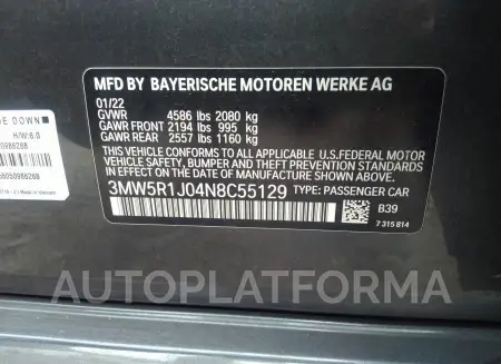 BMW 330I 2022 vin 3MW5R1J04N8C55129 from auto auction Iaai