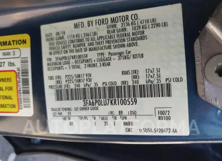 FORD FUSION HYBRID 2019 vin 3FA6P0LU7KR100559 from auto auction Iaai