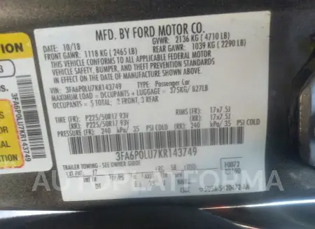 FORD FUSION HYBRID 2019 vin 3FA6P0LU7KR143749 from auto auction Iaai