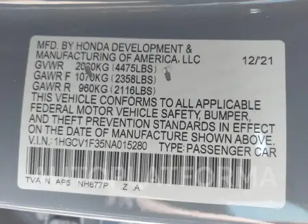 HONDA ACCORD 2022 vin 1HGCV1F35NA015280 from auto auction Iaai