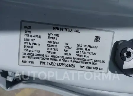 TESLA MODEL 3 2023 vin 5YJ3E1EA2PF558465 from auto auction Iaai