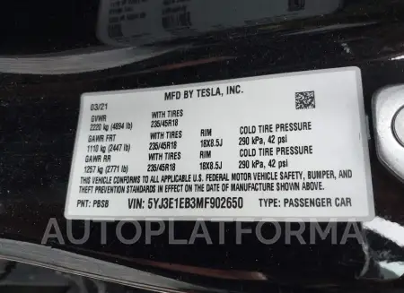 TESLA MODEL 3 2021 vin 5YJ3E1EB3MF902650 from auto auction Iaai