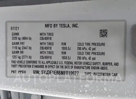 TESLA MODEL 3 2021 vin 5YJ3E1EB8MF019627 from auto auction Iaai