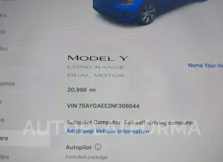 TESLA MODEL Y 2022 vin 7SAYGAEE2NF366644 from auto auction Iaai