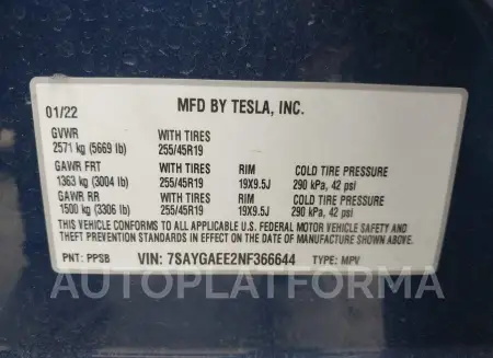 TESLA MODEL Y 2022 vin 7SAYGAEE2NF366644 from auto auction Iaai