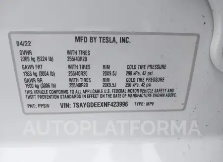 TESLA MODEL Y 2022 vin 7SAYGDEEXNF423996 from auto auction Iaai