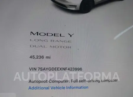 TESLA MODEL Y 2022 vin 7SAYGDEEXNF423996 from auto auction Iaai