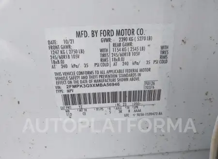 FORD EDGE 2021 vin 2FMPK3G9XMBA56946 from auto auction Iaai