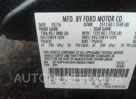 FORD EDGE 2016 vin 2FMPK4K99GBB21965 from auto auction Iaai