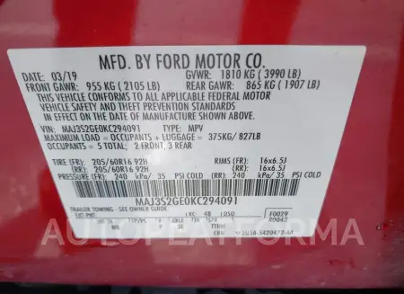 FORD ECOSPORT 2019 vin MAJ3S2GE0KC294091 from auto auction Iaai