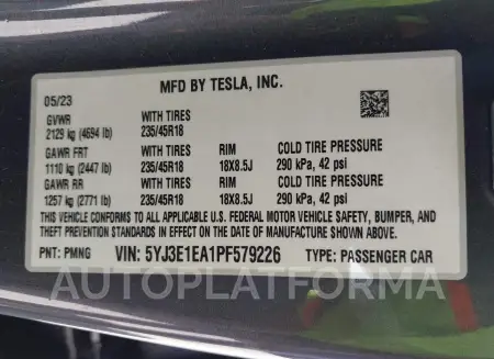 TESLA MODEL 3 2023 vin 5YJ3E1EA1PF579226 from auto auction Iaai