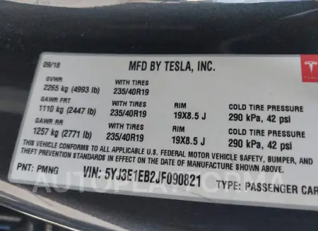 TESLA MODEL 3 2018 vin 5YJ3E1EB2JF090821 from auto auction Iaai