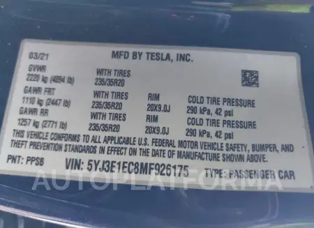 TESLA MODEL 3 2021 vin 5YJ3E1EC8MF926175 from auto auction Iaai