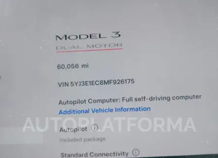 TESLA MODEL 3 2021 vin 5YJ3E1EC8MF926175 from auto auction Iaai