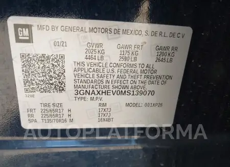 CHEVROLET EQUINOX 2021 vin 3GNAXHEV0MS139070 from auto auction Iaai