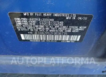 SUBARU WRX STI 2015 vin JF1VA2P62F9836735 from auto auction Iaai