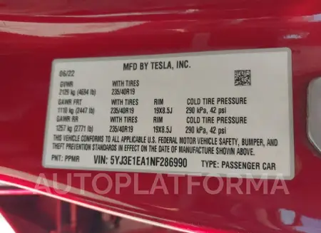 TESLA MODEL 3 2022 vin 5YJ3E1EA1NF286990 from auto auction Iaai