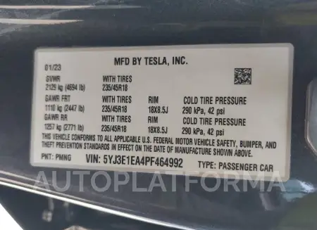 TESLA MODEL 3 2023 vin 5YJ3E1EA4PF464992 from auto auction Iaai