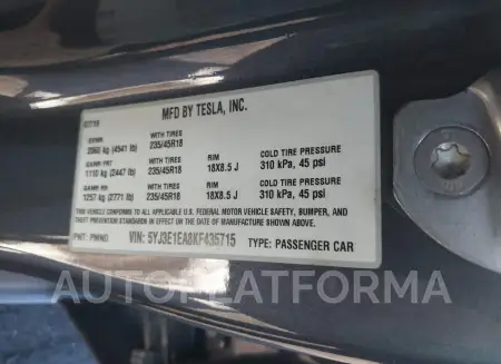 TESLA MODEL 3 2019 vin 5YJ3E1EA8KF435715 from auto auction Iaai