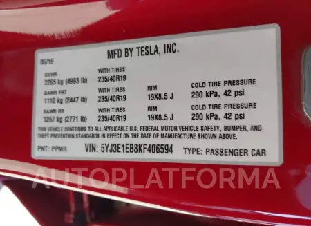 TESLA MODEL 3 2019 vin 5YJ3E1EB8KF406594 from auto auction Iaai