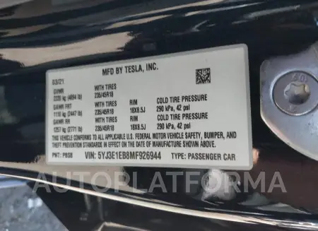 TESLA MODEL 3 2021 vin 5YJ3E1EB8MF926944 from auto auction Iaai