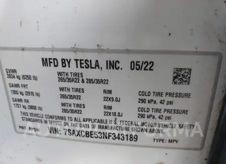 TESLA MODEL X 2022 vin 7SAXCBE53NF343189 from auto auction Iaai