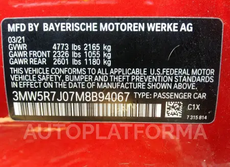 BMW 330I 2021 vin 3MW5R7J07M8B94067 from auto auction Iaai