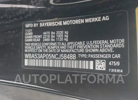 BMW 430I 2022 vin WBA53AP05NCJ58488 from auto auction Iaai