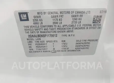 CHEVROLET EQUINOX 2015 vin 2GNALBEK6F1179912 from auto auction Iaai