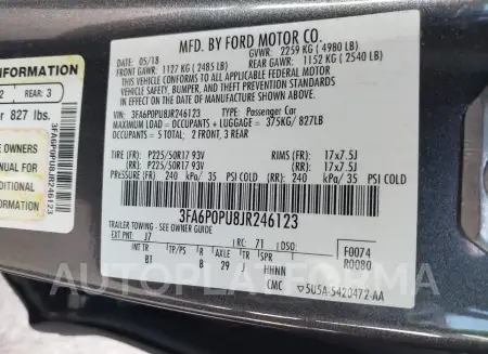 FORD FUSION ENERGI 2018 vin 3FA6P0PU8JR246123 from auto auction Iaai