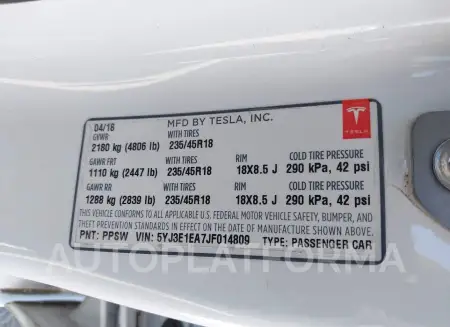 TESLA MODEL 3 2018 vin 5YJ3E1EA7JF014809 from auto auction Iaai