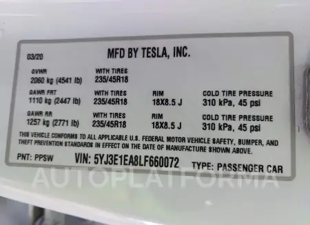 TESLA MODEL 3 2020 vin 5YJ3E1EA8LF660072 from auto auction Iaai