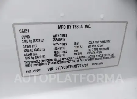 TESLA MODEL Y 2021 vin 5YJYGDEE6MF217795 from auto auction Iaai