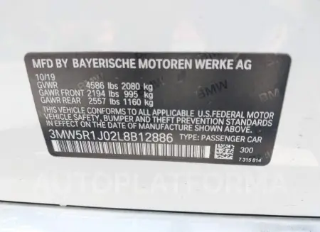 BMW 330I 2020 vin 3MW5R1J02L8B12886 from auto auction Iaai