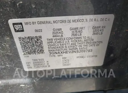 CHEVROLET EQUINOX 2022 vin 3GNAXHEV2NS209783 from auto auction Iaai