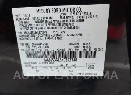 FORD ECOSPORT 2019 vin MAJ6S3GL8KC252348 from auto auction Iaai